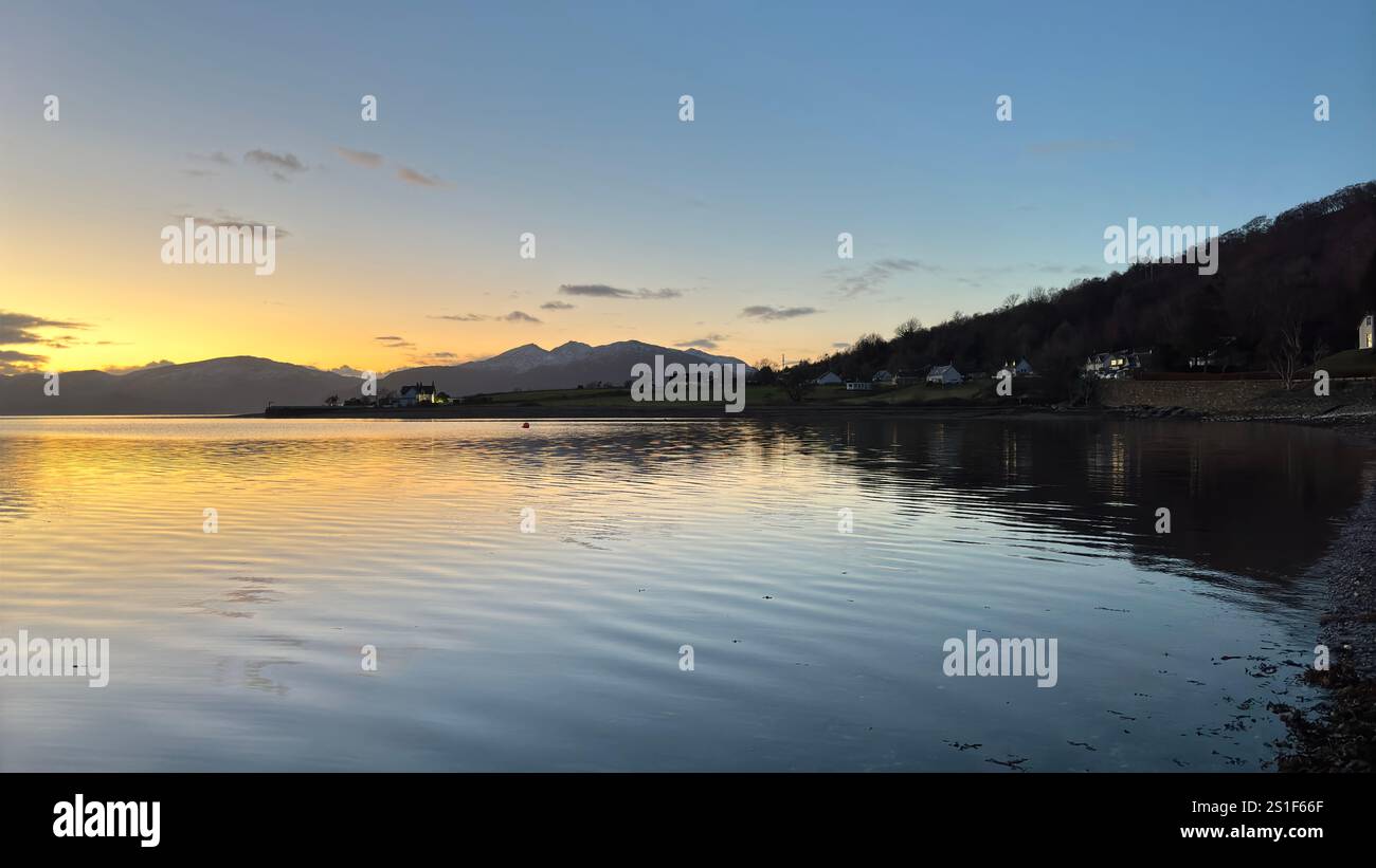Sunset landscape view across Loch Linnhi in Scotland. Hills and Glens of the Scottish Highlands - Smartphone Captured Stock Image