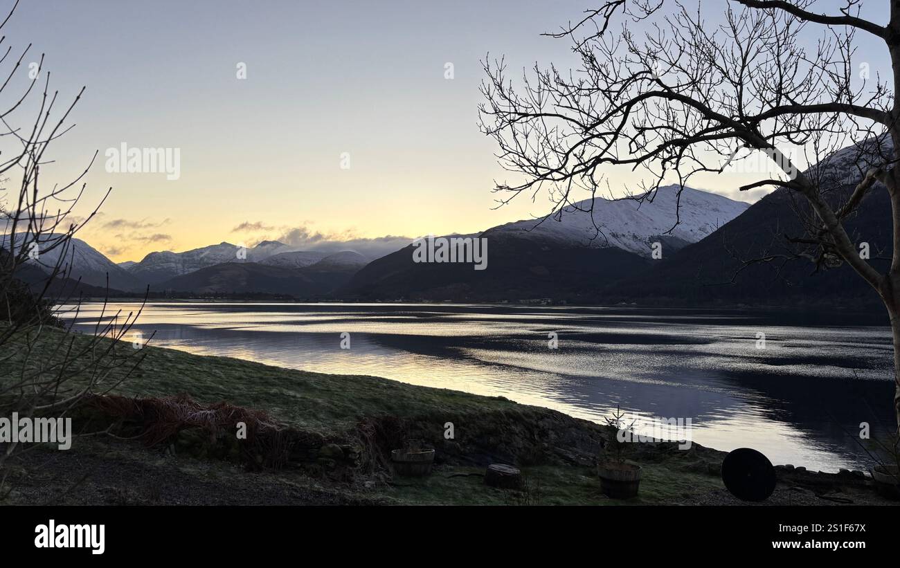 Sunset landscape view across Loch Linnhi in Scotland. Hills and Glens of the Scottish Highlands - Smartphone Captured Stock Image