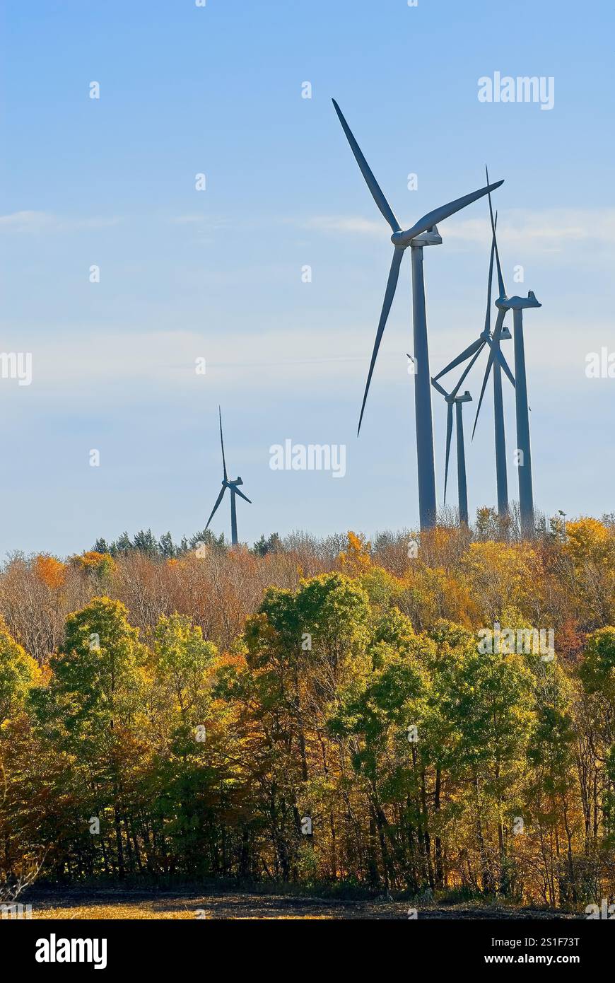 Row of tall wind turbines standing over forest in autumn colors in Adirondack region of Upstate New York Stock Photo