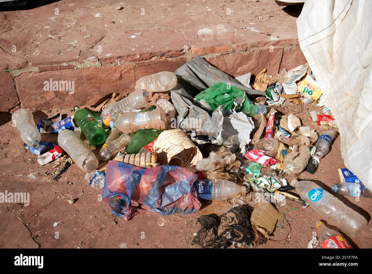 discarded plastic bottles and waste in essaouira port harbour, morocco Stock Photo