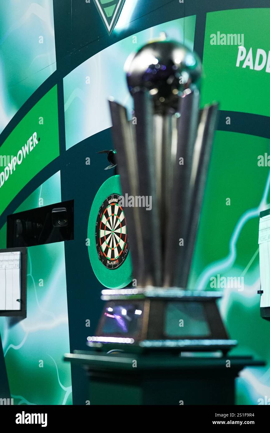 The World Darts Championship trophy prior to the final of the Paddy
