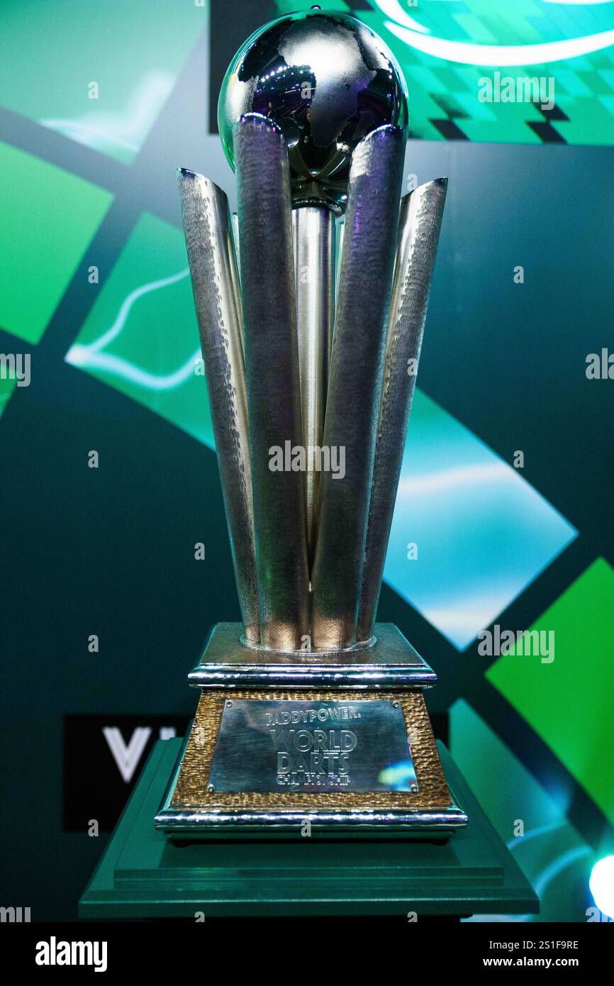 The World Darts Championship trophy prior to the final of the Paddy