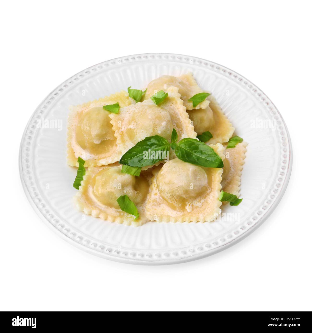 Delicious ravioli with cheese and basil isolated on white Stock Photo ...