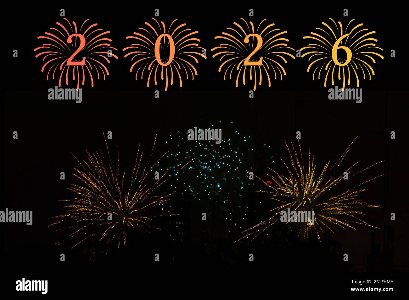 2026. Fireworks. Happy New Year 2026. Fireworks with the text "2026