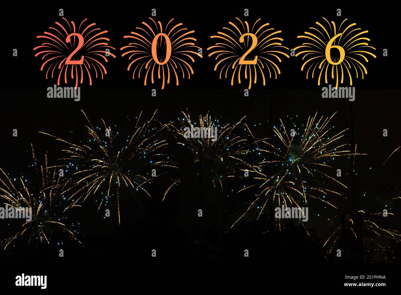 2026. Fireworks. Happy New Year 2026. Fireworks with the text "2026