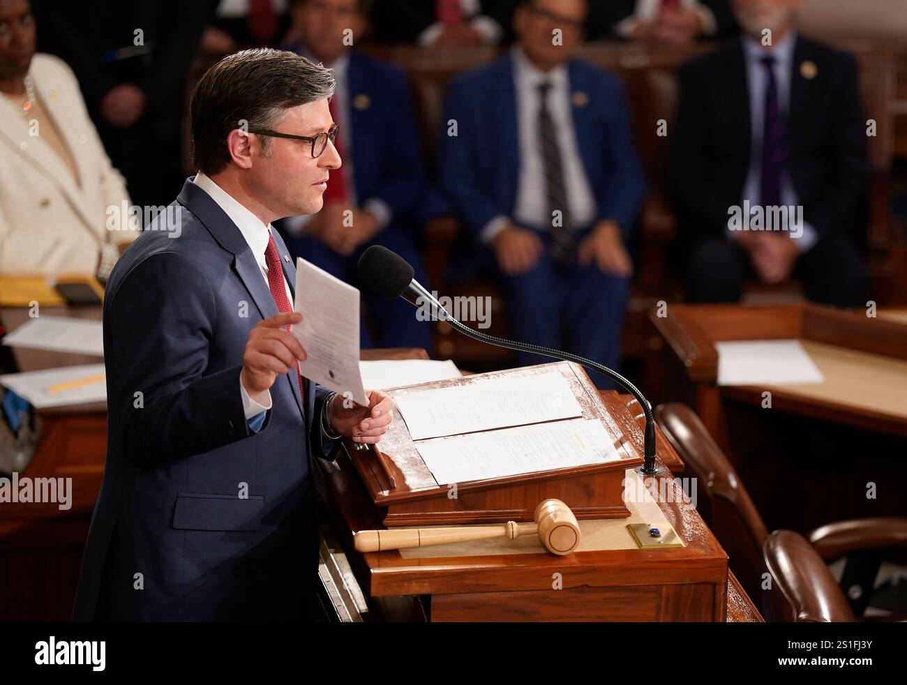 Newlyelected Speaker of the House Mike Johnson speaks to members of the 119th Congress at the U