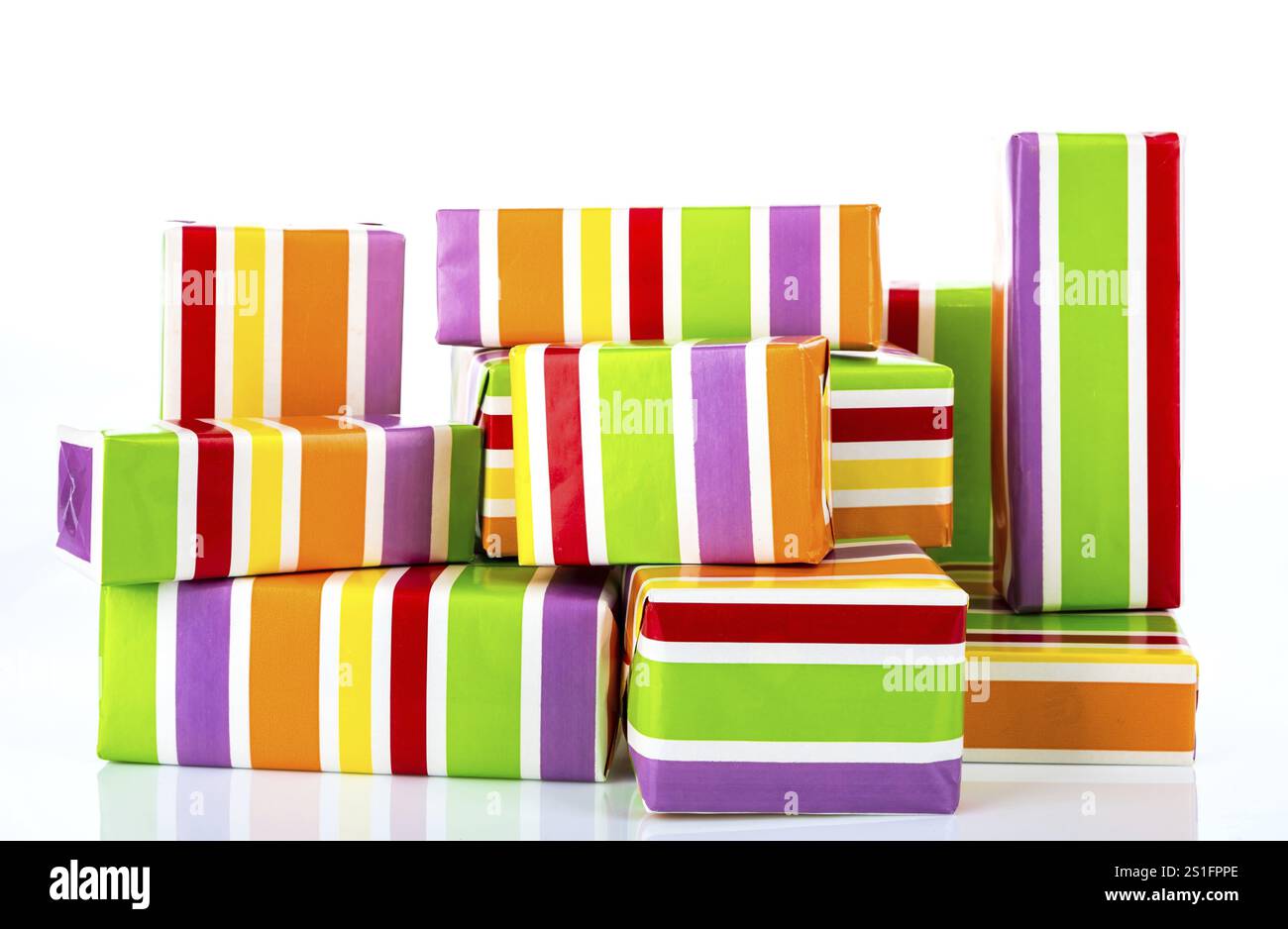 Colourful gift boxes cropped on a white background Stock Photo