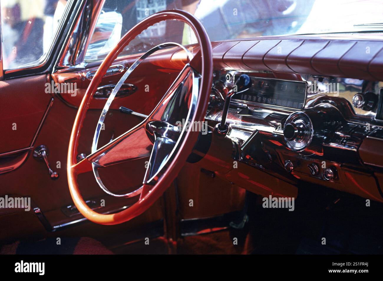 All in red designed dashboard of an American street cruiser landscape ...