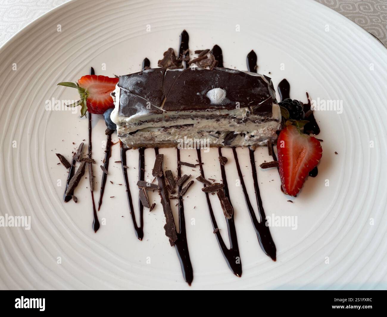 Chocolate topped ice cream served aboard a cruise ship sailing off the Antarctic Peninsula - Smartphone Captured Stock Image