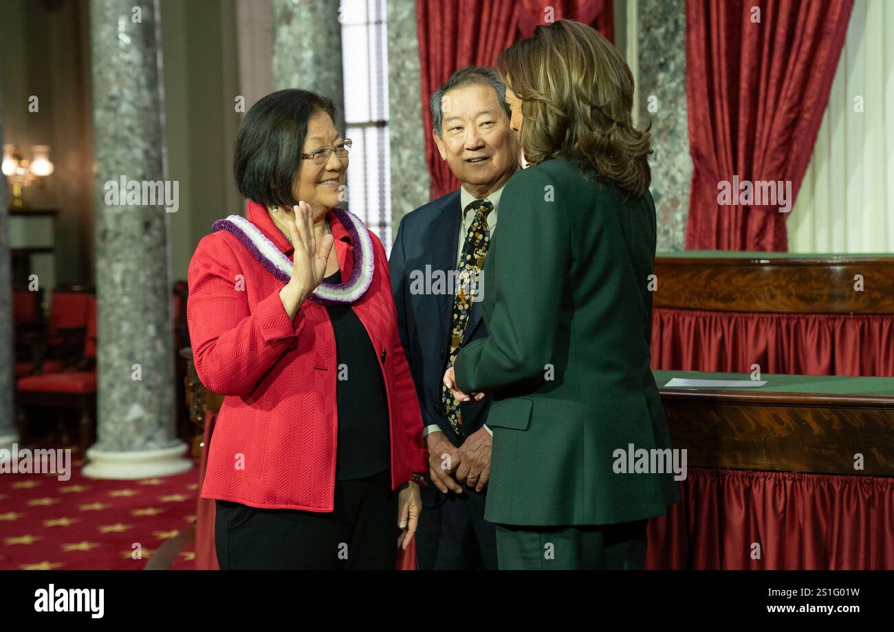 Washington, United States. 03rd Jan, 2025. Vice President Kamala Harris participates in the ceremonial swearing-in ceremony with Senator Mazie Hirono (D-HI) in the Old Senate Chamber at the U.S. Capitol in Washington, DC on January 3, 2025. The ceremonial swearing-in ceremony takes place at the start of each Congress with January 3, 2025 marking the 119th United States Congress. Photo by Leigh Vogel/UPI Credit: UPI/Alamy Live News Stock Photo