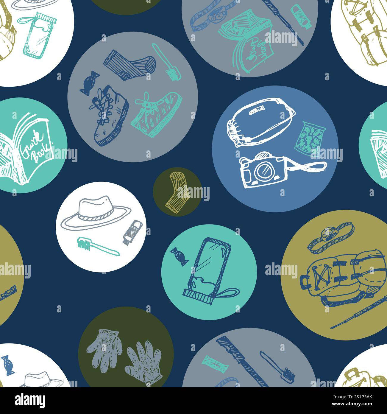 Vector blue seamless doodle sketch pattern in circles with objects for trekking and hiking on blue background. Suitable for textile, wallpaper and Stock Vector