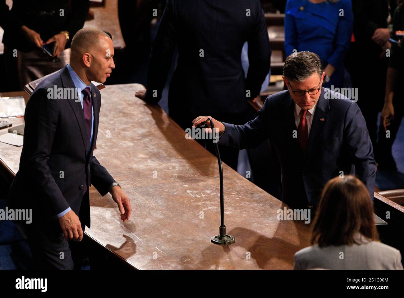 Washington, United States Of America. 03rd Jan, 2025. United States House Minority Leader Hakeem Jeffries (Democrat of New York) and Speaker of the US House of Representatives Mike Johnson (Republican of Louisiana) are seen during the Opening of the 119th Congress in the House Chambers of the Capitol Building in Washington DC on Friday, January 3, 2025. Republicans re-elected Mike Johnson to Speaker of the House after conservative holdouts changed their votes to Johnson.Credit: Aaron Schwartz/CNP/Sipa USA Credit: Sipa USA/Alamy Live News Stock Photo