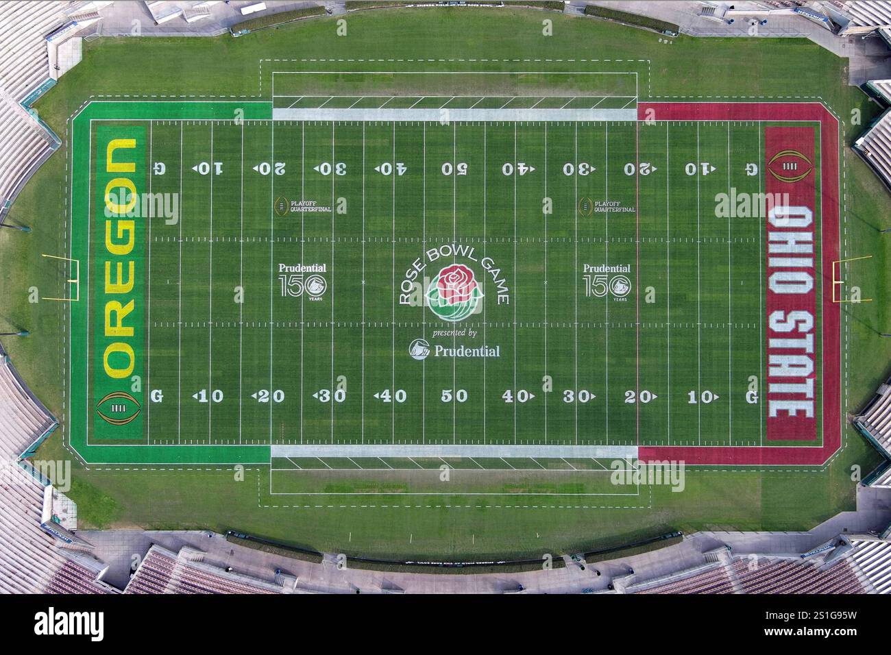 A general overall aerial view of the Rose Bowl Game, Oregon Ducks, Ohio