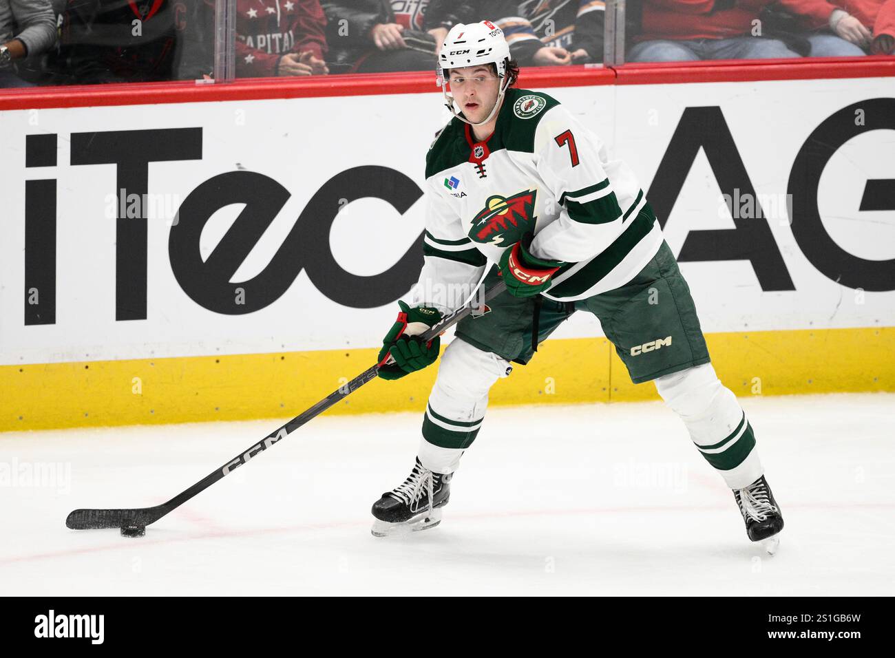 Minnesota Wild defenseman Brock Faber (7) in action during the third