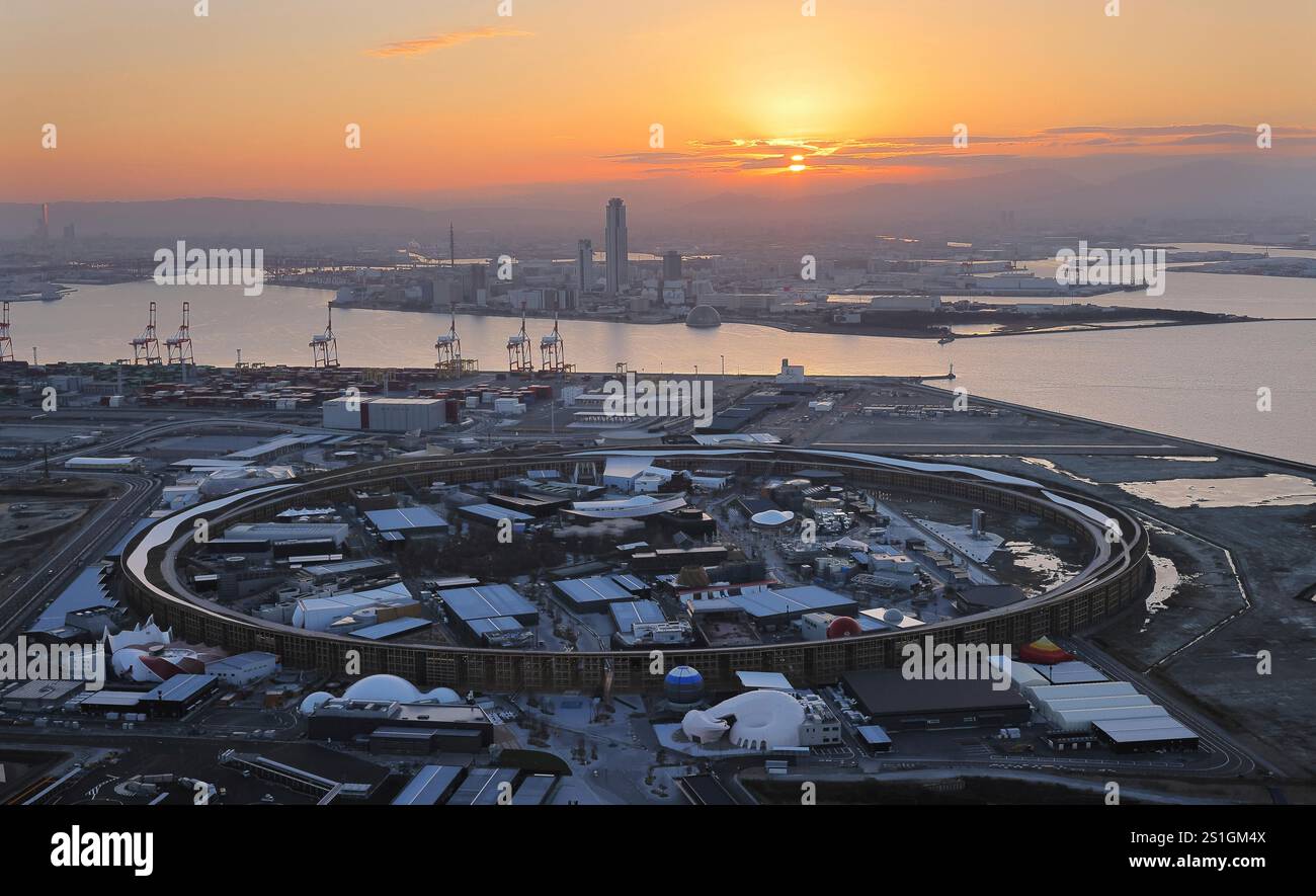 An aerial photo shows the Osaka, Kansai, Japan EXPO 2025 venue in Osaka