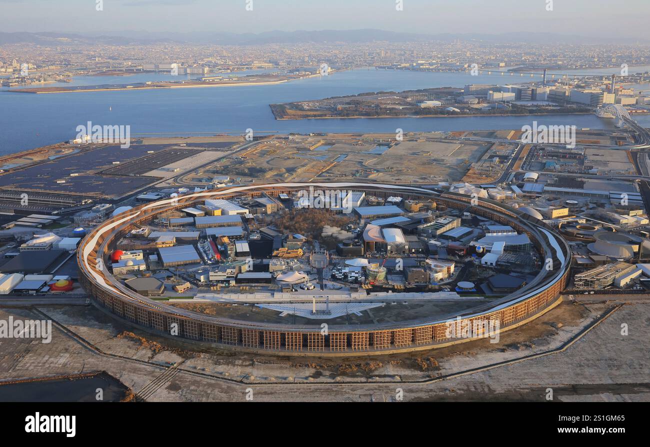 An aerial photo shows the Osaka, Kansai, Japan EXPO 2025 venue in Osaka