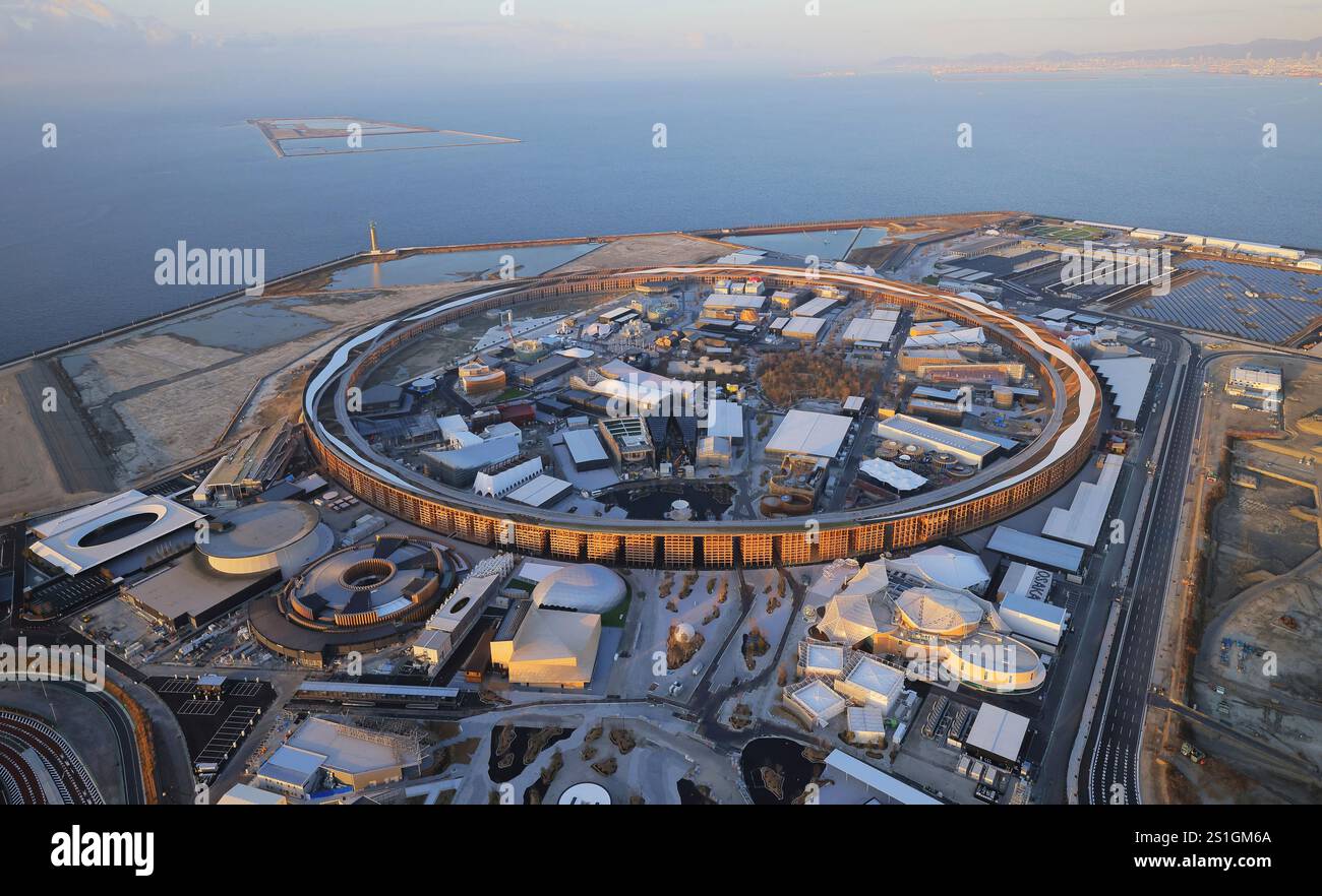 An aerial photo shows the Osaka, Kansai, Japan EXPO 2025 venue in Osaka