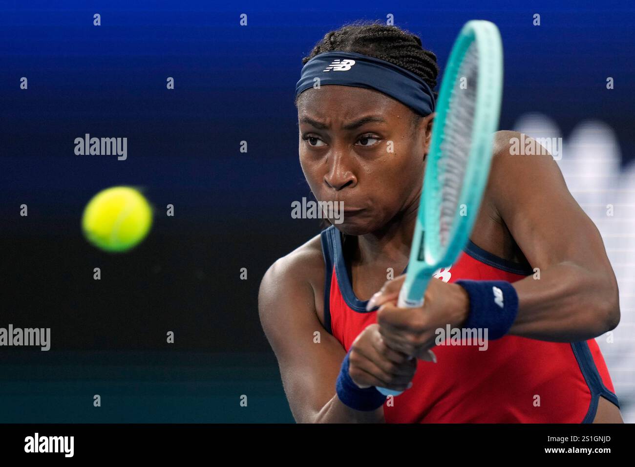 Coco Gauff of the U.S. hits a backhand to Czechia's Karolina Muchova