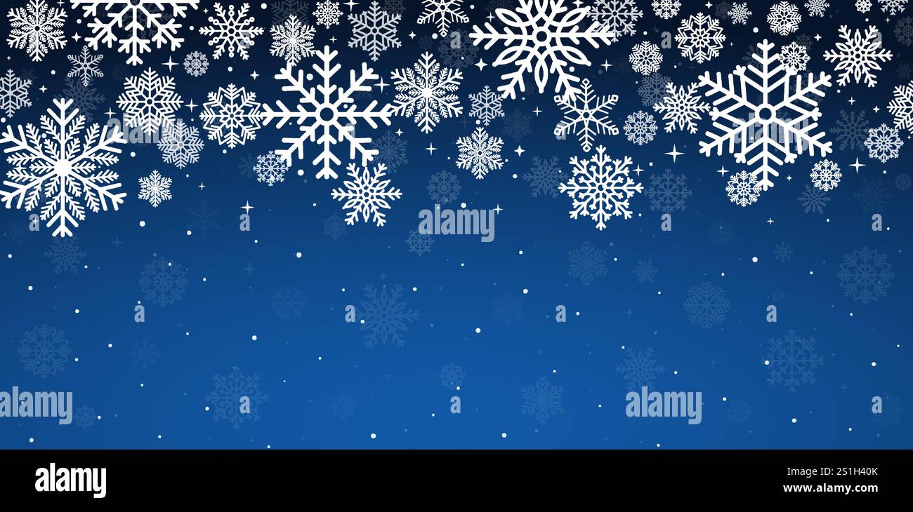 Falling white snowflakes on dark blue background. Scattered snowflakes with stars. Winter snowfall. Stock Vector