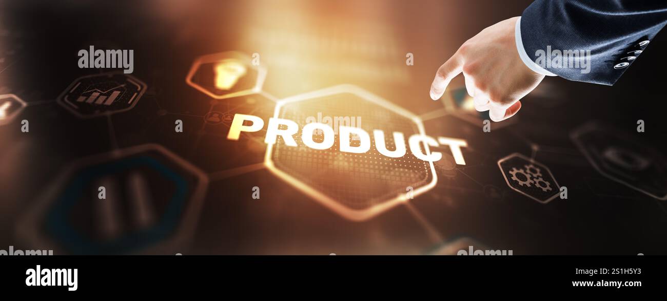 Business hand pushing product quality on virtual screen interface Stock Photo