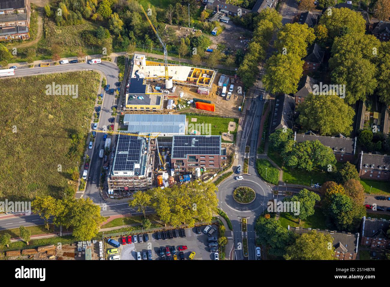 Luftbild, Baustelle an der Grubenwehrstraße, Kreisverkehr Bendschenweg, ehemaliges Bergwerk Niederberg, Neukirchen, Neukirchen-Vluyn, Ruhrgebiet, Nord Stock Photo