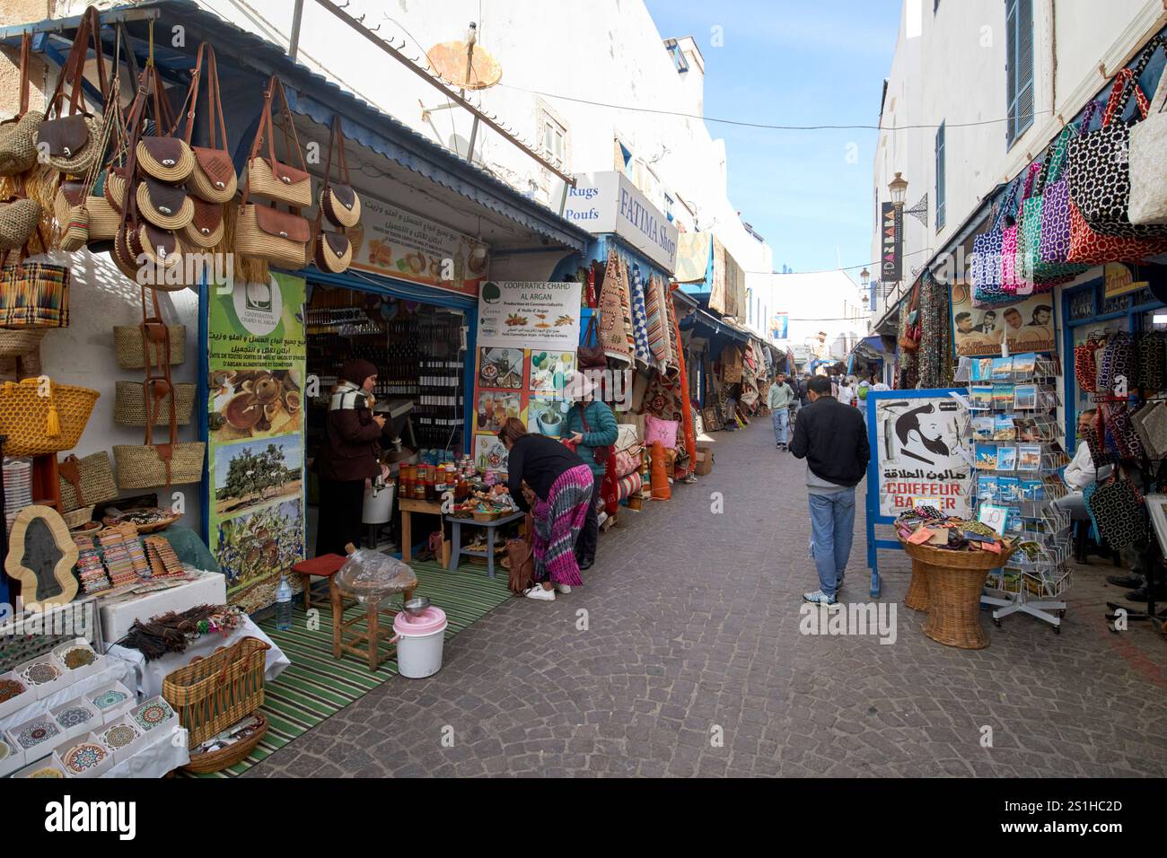 shops in the narrow streets of the medina old city unesco world heritage site essaouira, morocco Stock Photo