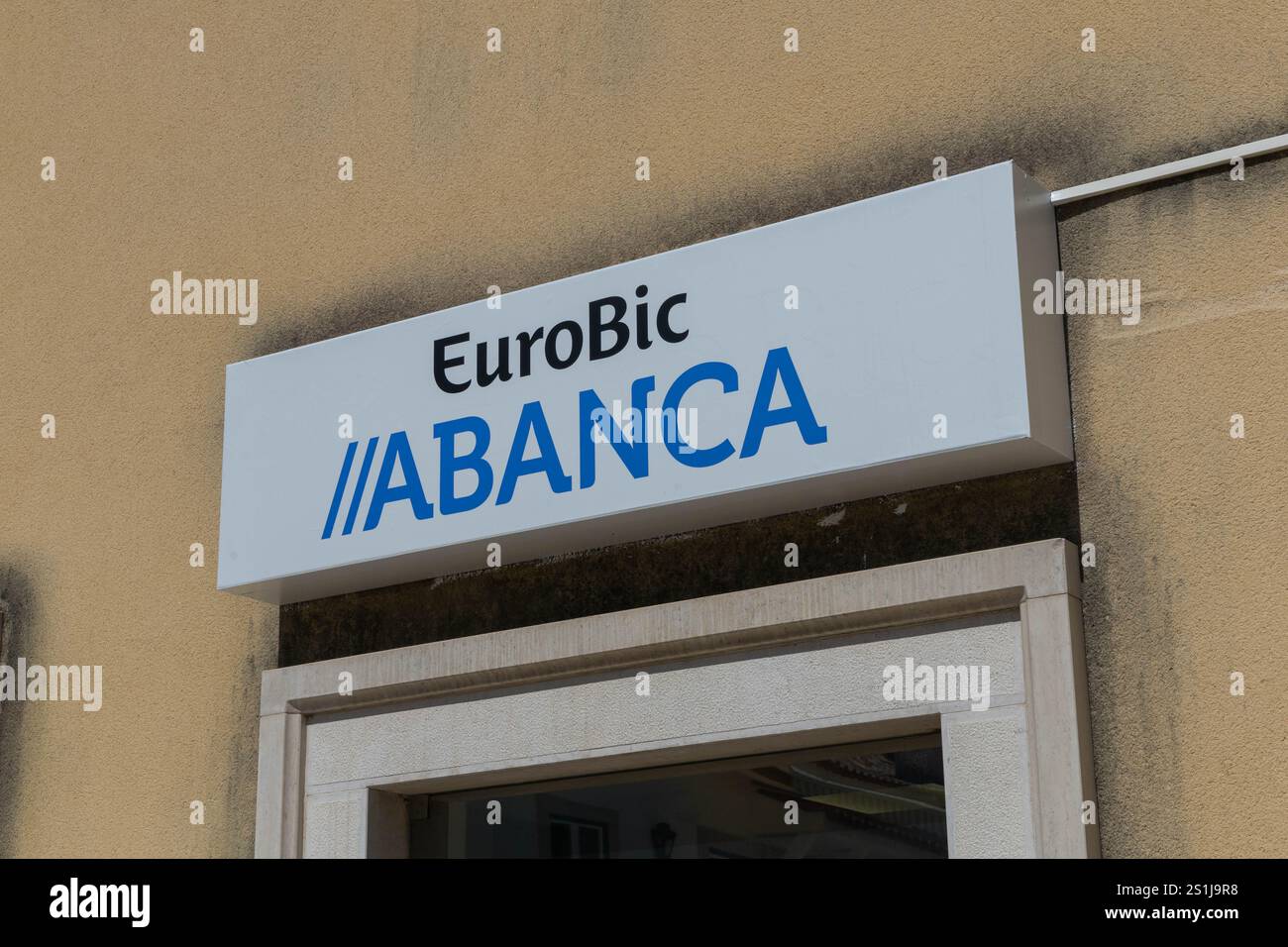 Tomar Sign Tomar, Portugal. 31 July 2024, Eurobic Abanca logo sign from the ...