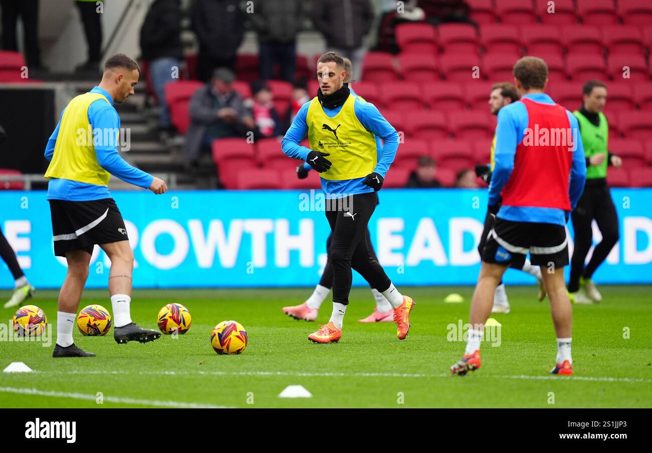 Derby County's Jerry Yates warms up before the Sky Bet Championship