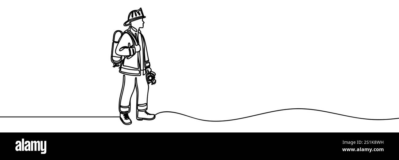 Single continuous line drawing firefighters with full uniform. Dynamic ...