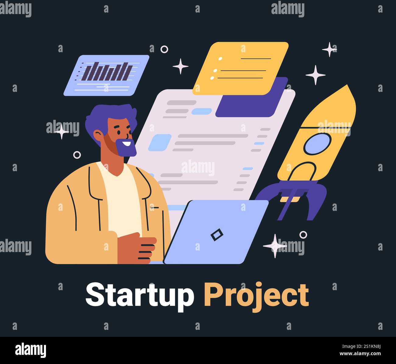 Comp Project Background Startup project business concept man working computer rocket charts ...