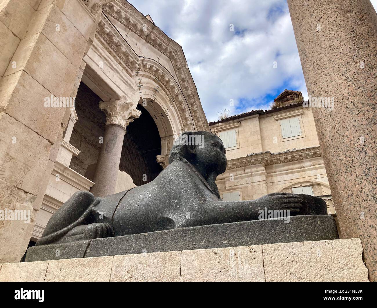 A stolen Egyptian Sphinx and surviving buildings at the Roman Emperor, Diocletian's Palace, Split Croatia - Smartphone Captured Stock Image