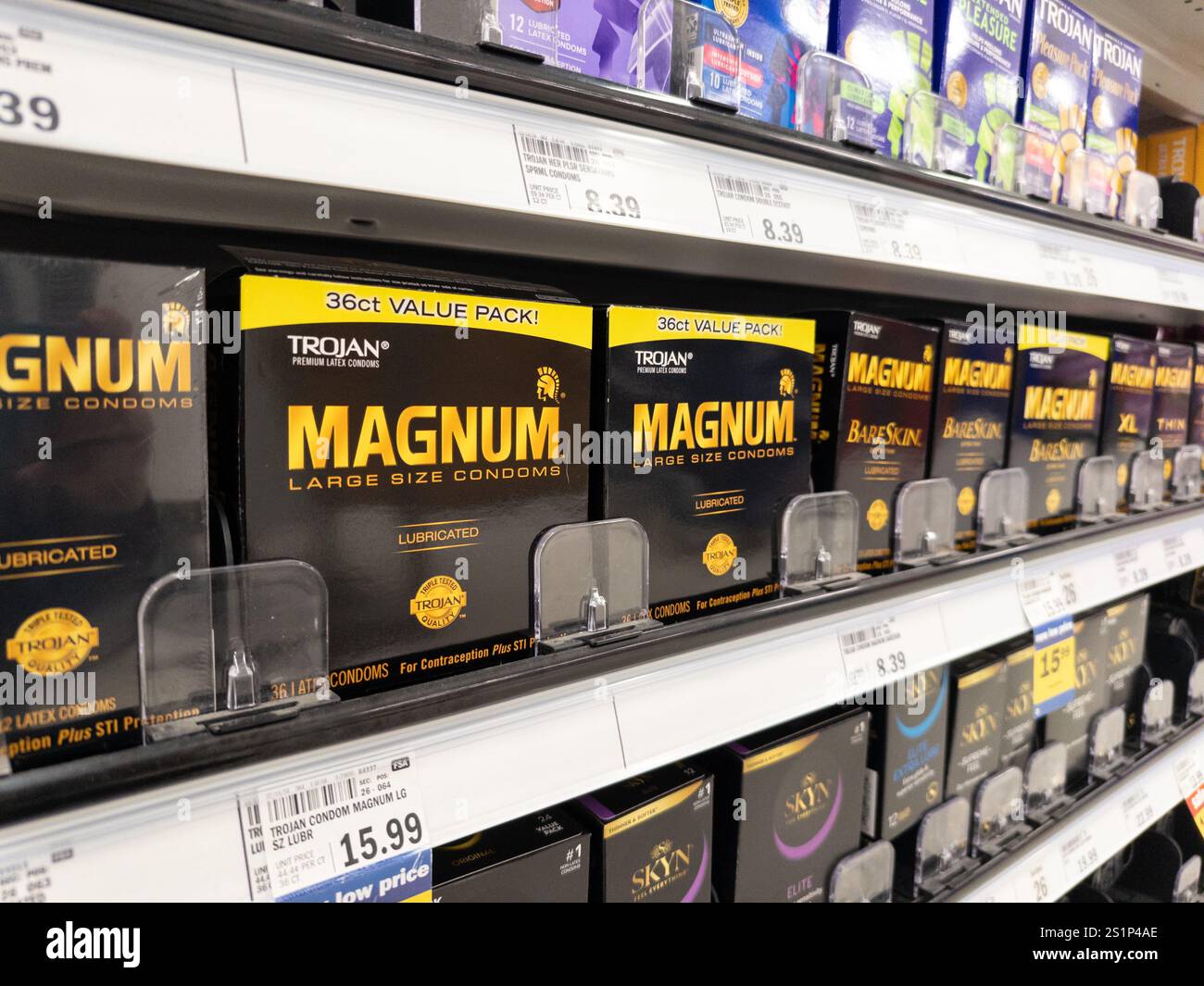 Trojan Magnum condoms on display at a Meijer store in Michigan USA - Smartphone Captured Stock Image