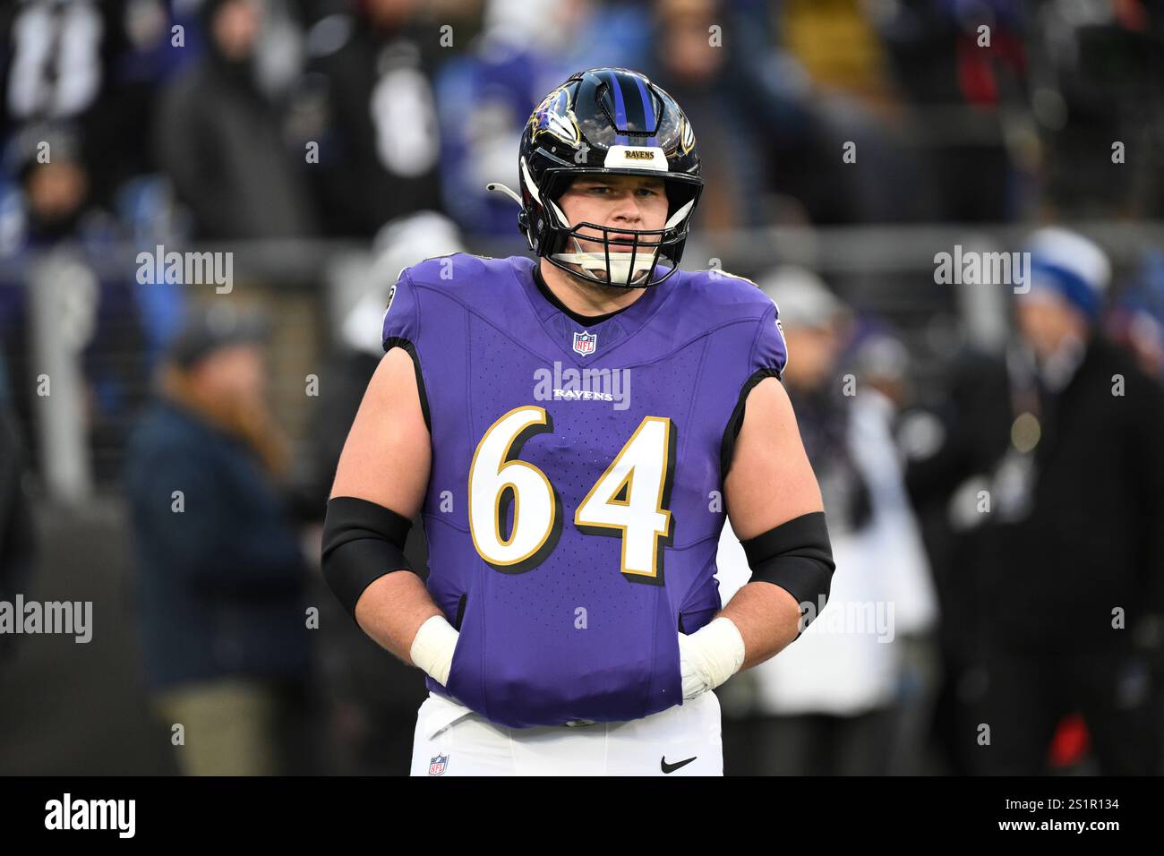Baltimore Ravens center Tyler Linderbaum (64) looks on during pre-game ...