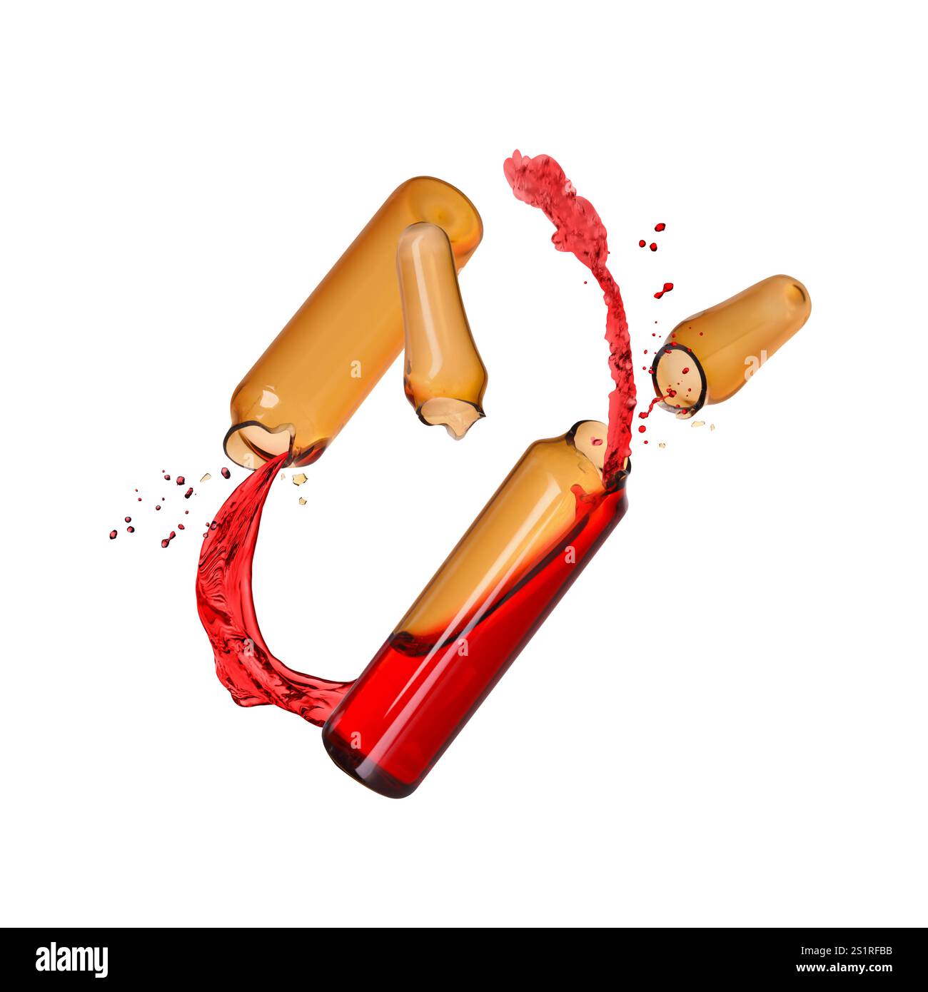 Open ampoules with splashing liquid in air on white background Stock Photo