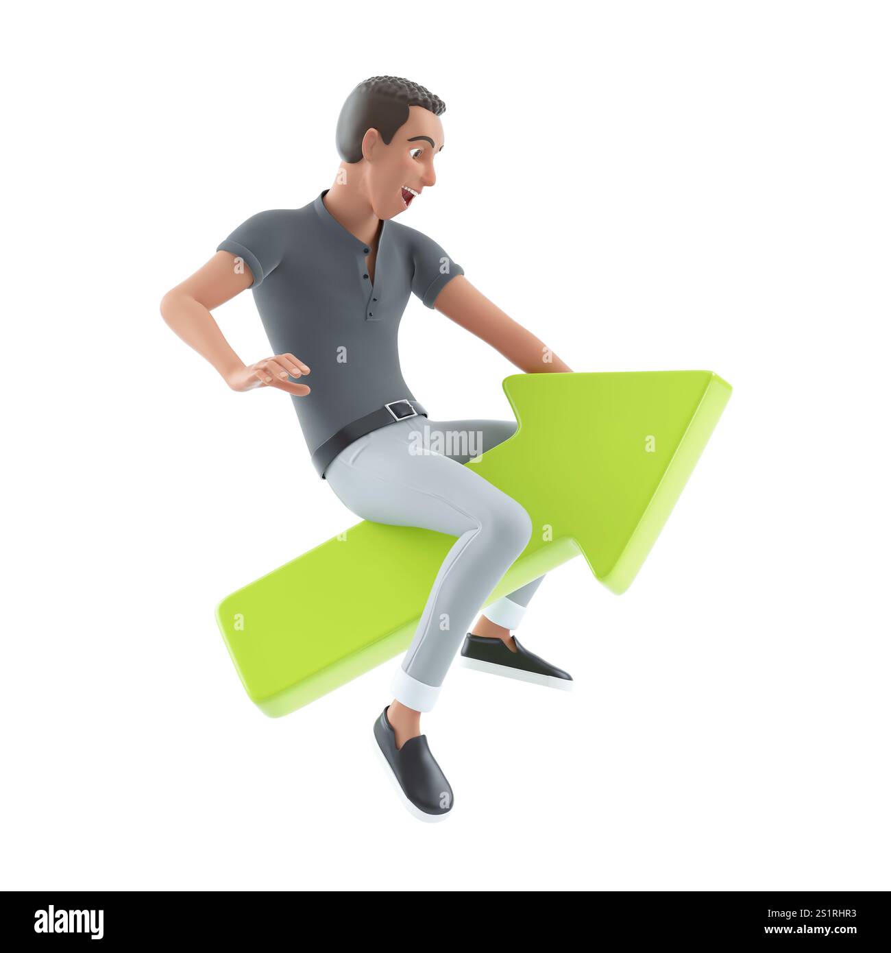 3d character man riding green arrow up, illustration isolated on white ...