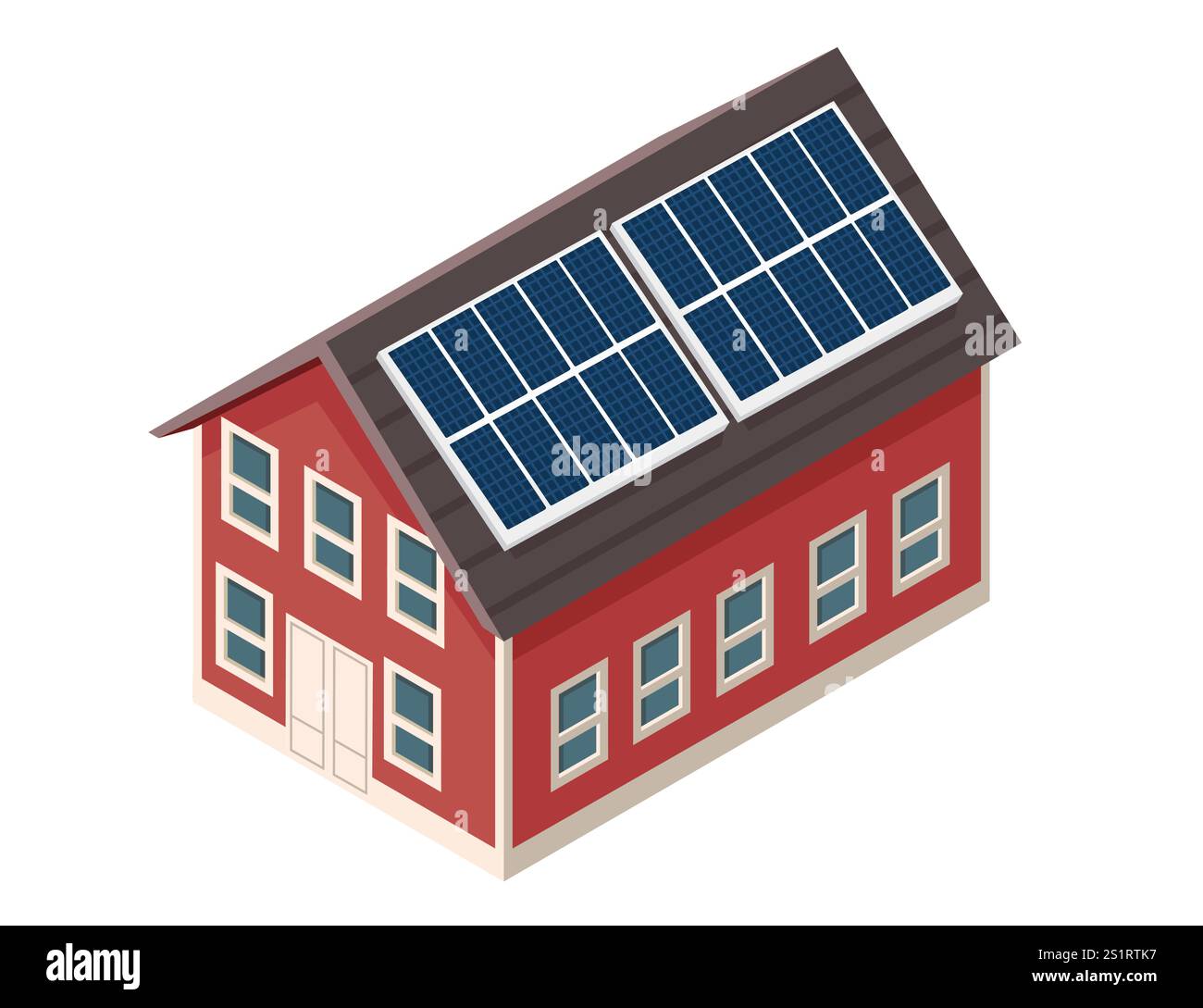 Isometric modern home with solar panels on the roof. Ideal for renewable energy, eco-living concepts, sustainable architecture, or green technology. V Stock Vector