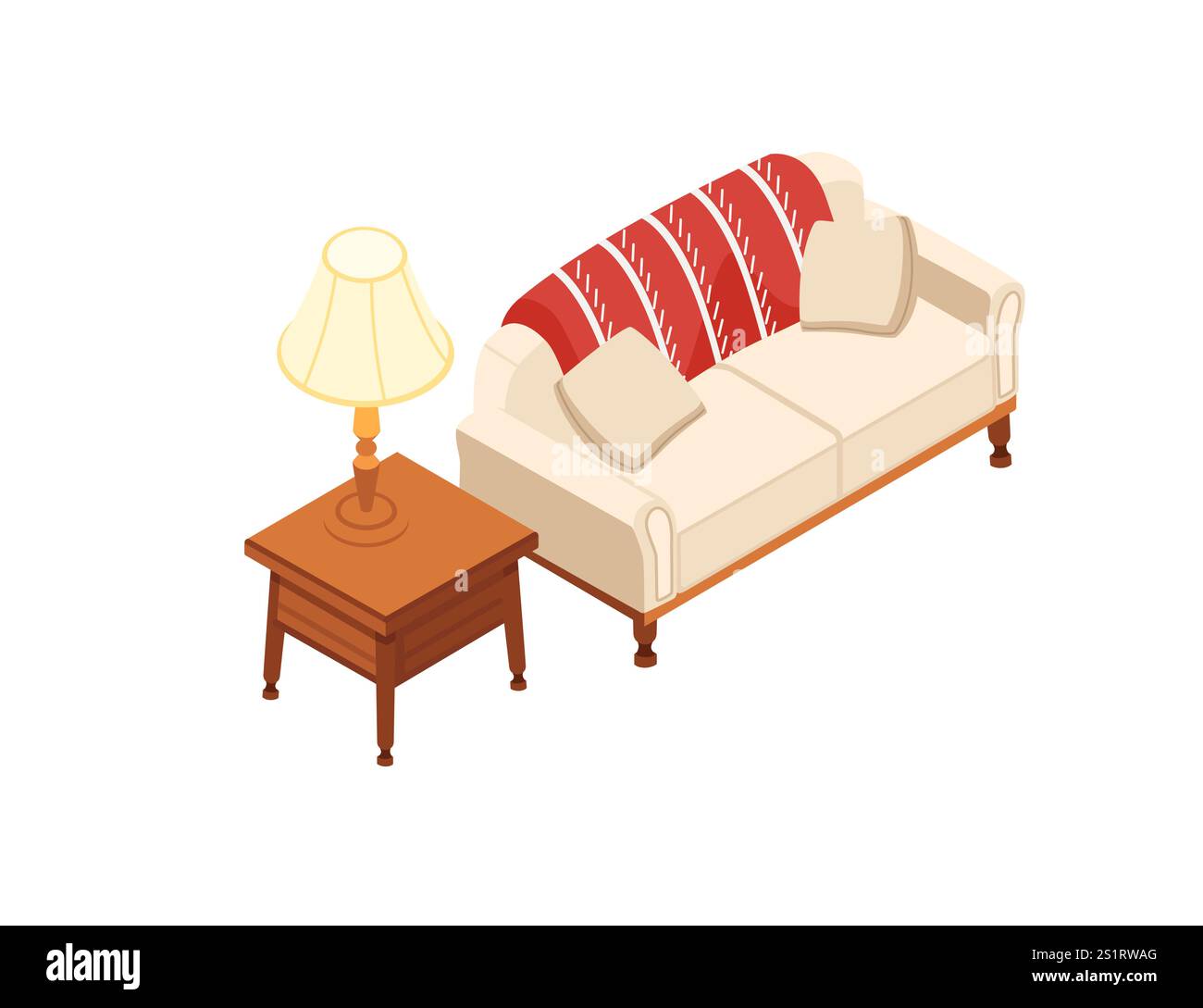 Isometric setup featuring side table with lamp and sofa with cushions. Perfect for interior design visuals, home decor advertisements, or furniture pr Stock Vector