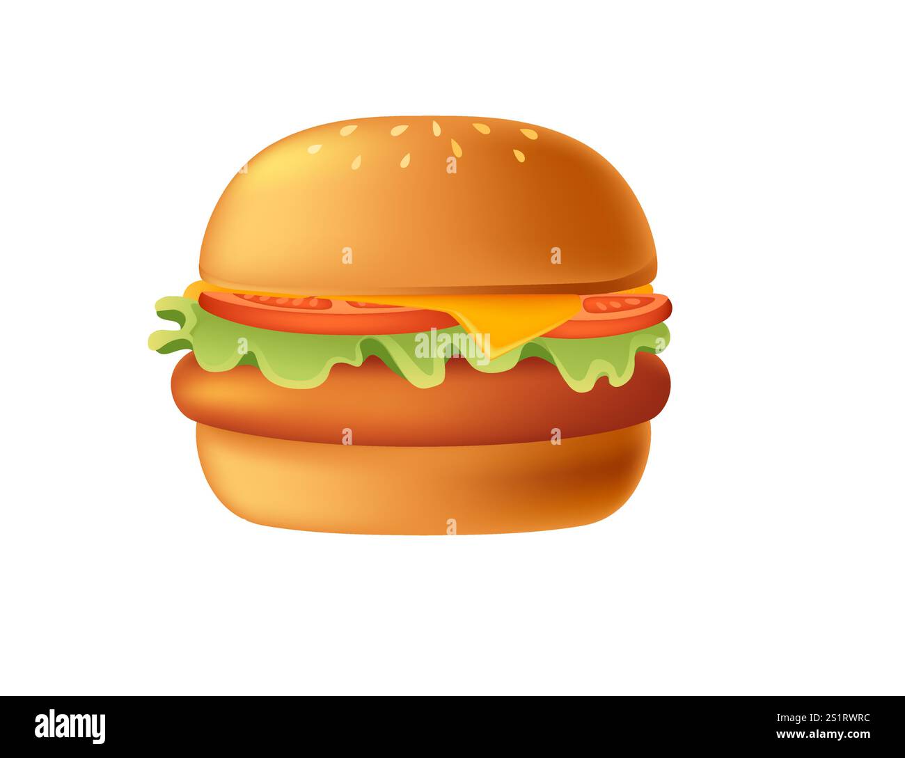 Cartoon 3d style burger with meat,tomato,cheese and lettuce. Sweet tasty bun. Fastfood dinner. Vector illustration isolated on white background. Stock Vector