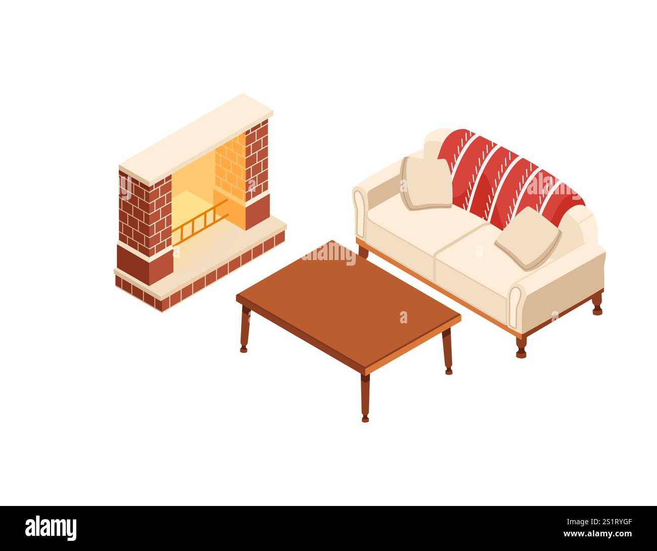 Isometric cozy living room setup with sofas, a fireplace, and a coffee ...
