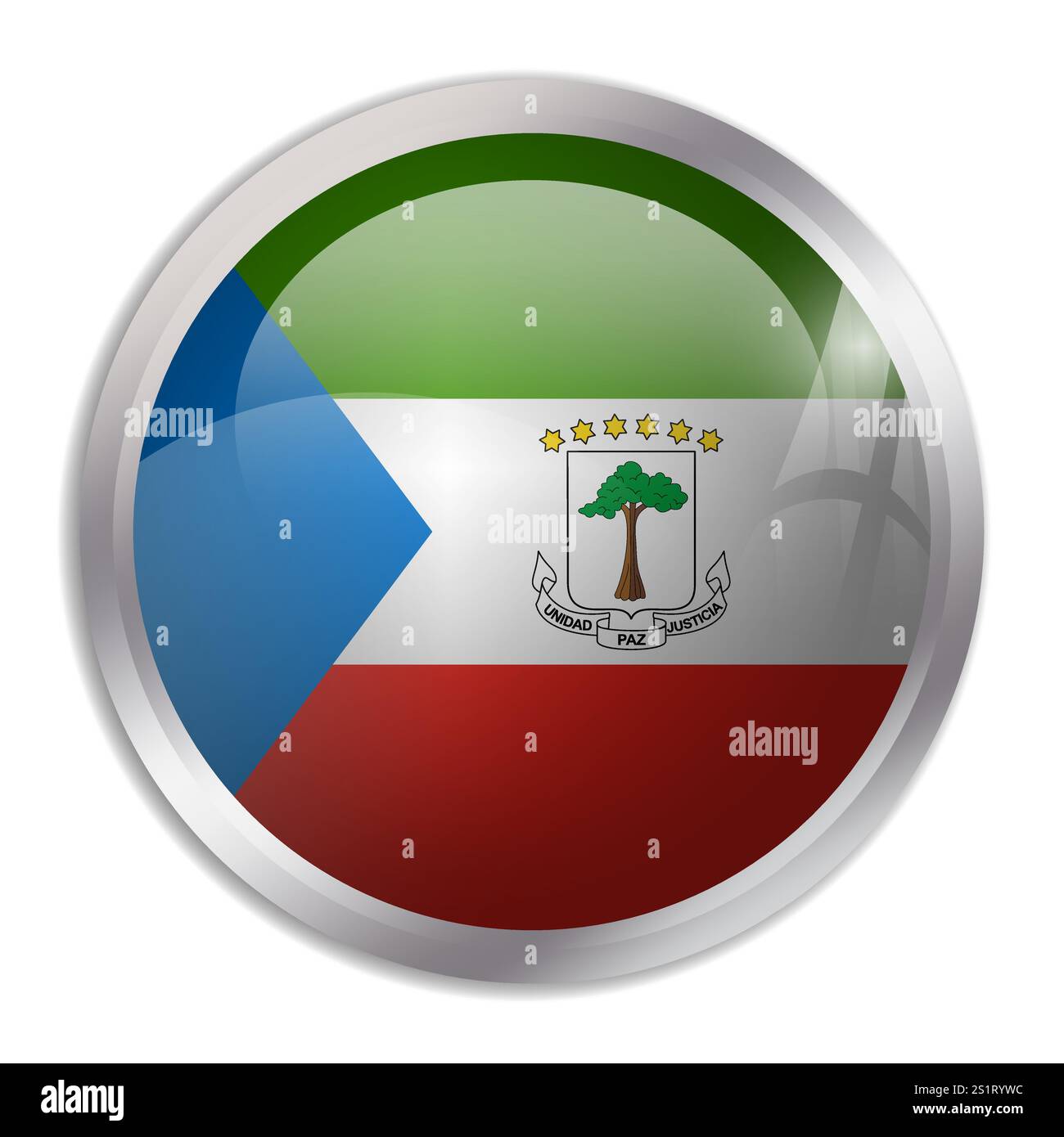 Equatorial Guinea flag - glossy circle button displays a colorful flag representing a country cultural identity and heritage. The essence of national pride and unity. Stock Vector