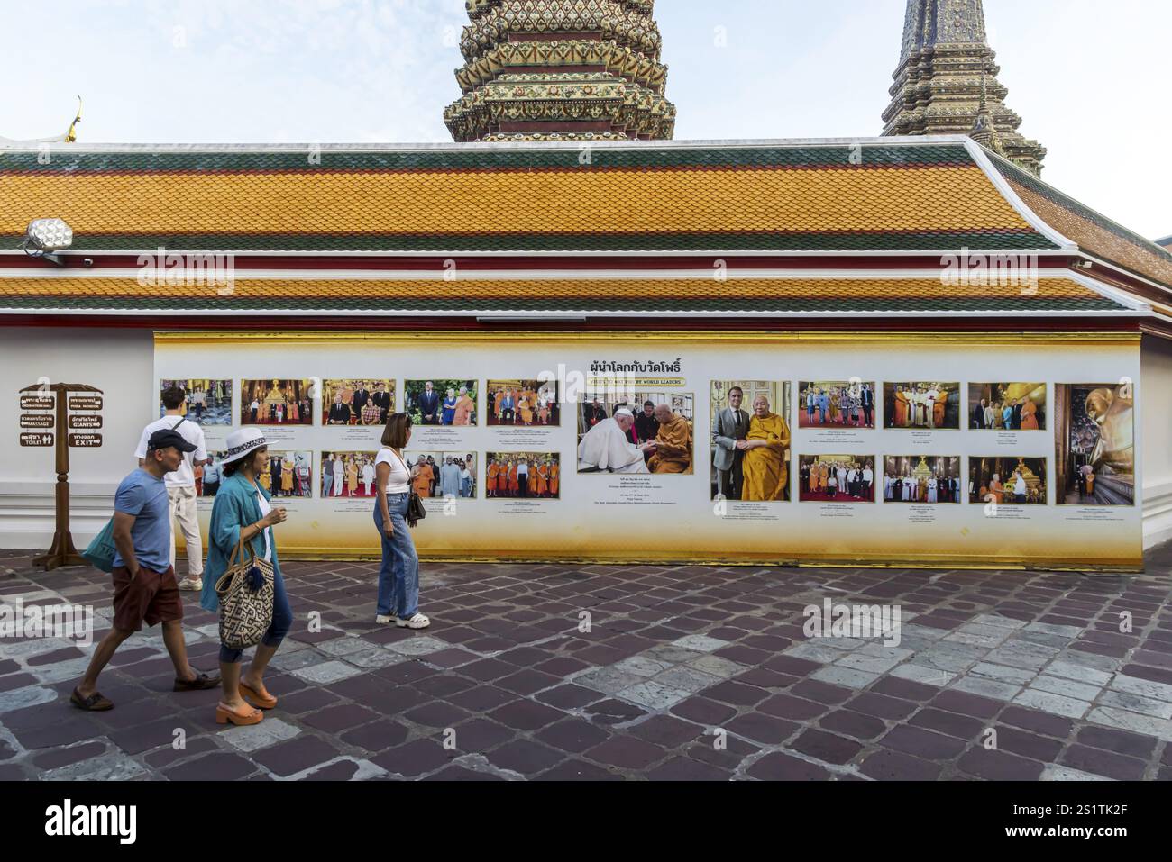 Wat Pho Temple is Bangkok's oldest Buddhist monastery near the Grand Palace. A photo wall commemorates the prominent visitors from all over the world. Stock Photo