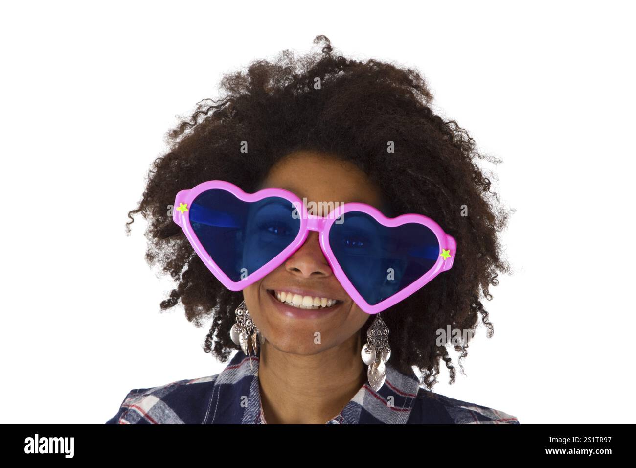 Young African American woman with funny sunglasses - cropped on a white background Stock Photo