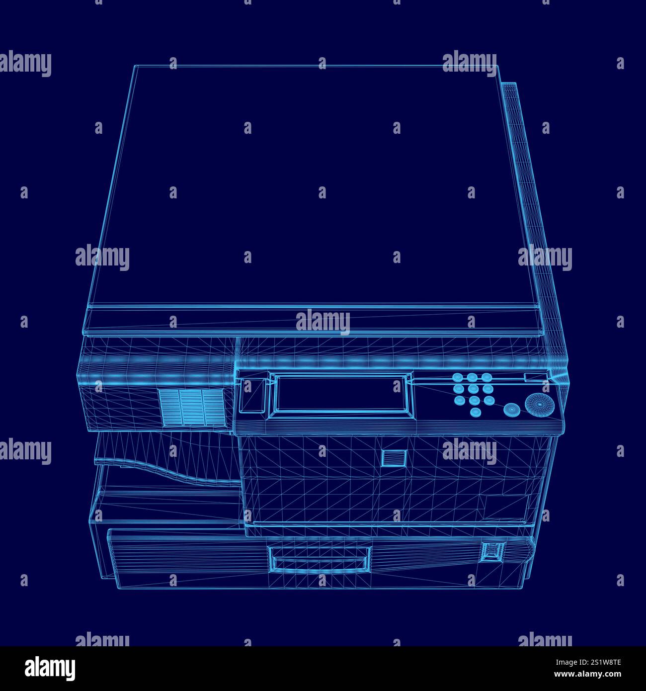 Blue printer with a blue top. The printer is a desktop model Stock Vector