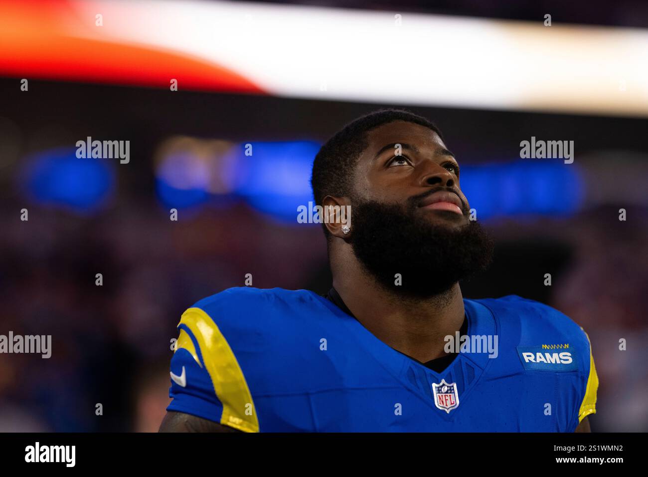 Los Angeles Rams linebacker Jared Verse (8) stands for the National ...