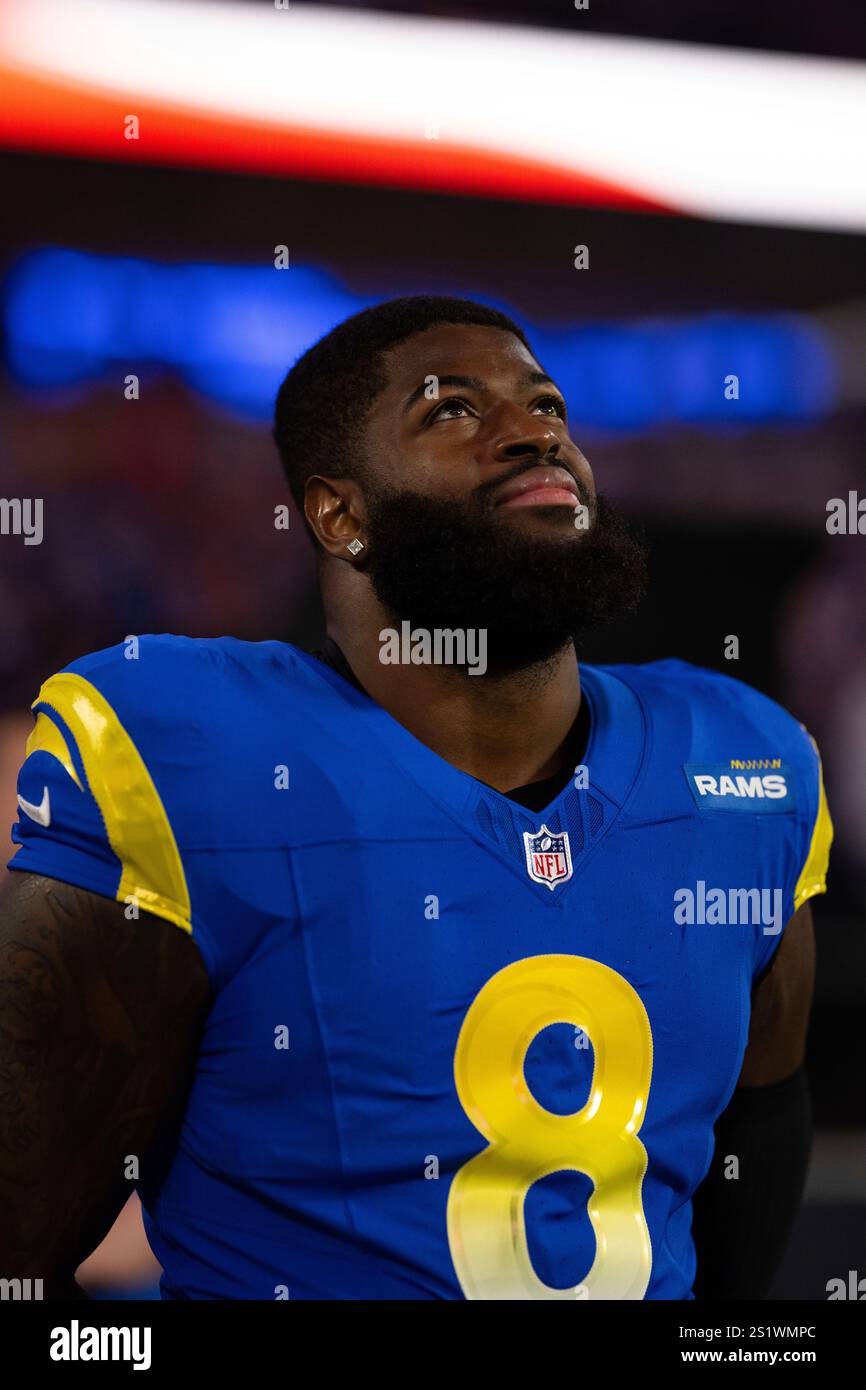 Los Angeles Rams linebacker Jared Verse (8) stands for the National ...
