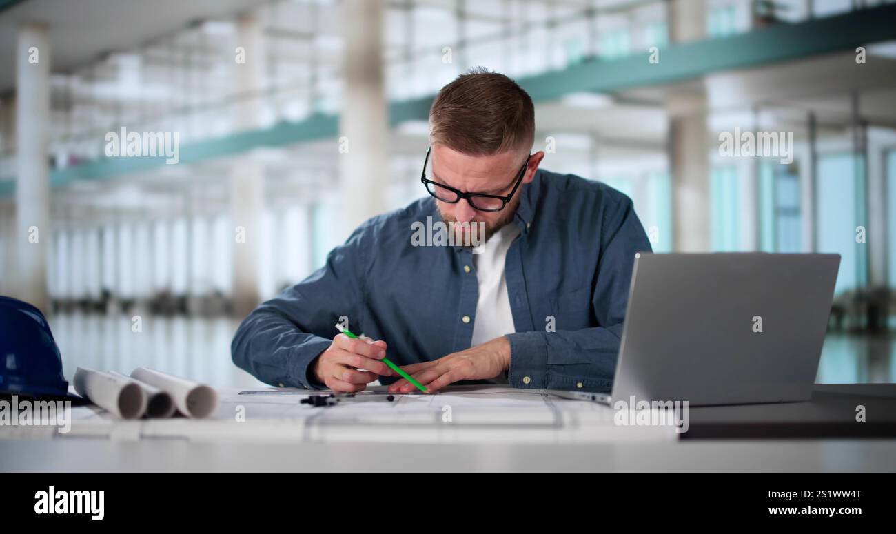 Civil Engineer Drawing Architecture Plan And Construction Design Stock Photo