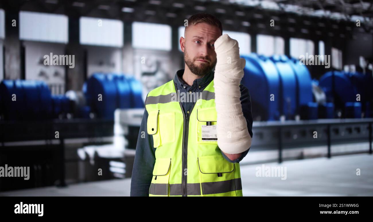 Injured Man With Broken Arm. Injured Power Plant Worker Stock Photo