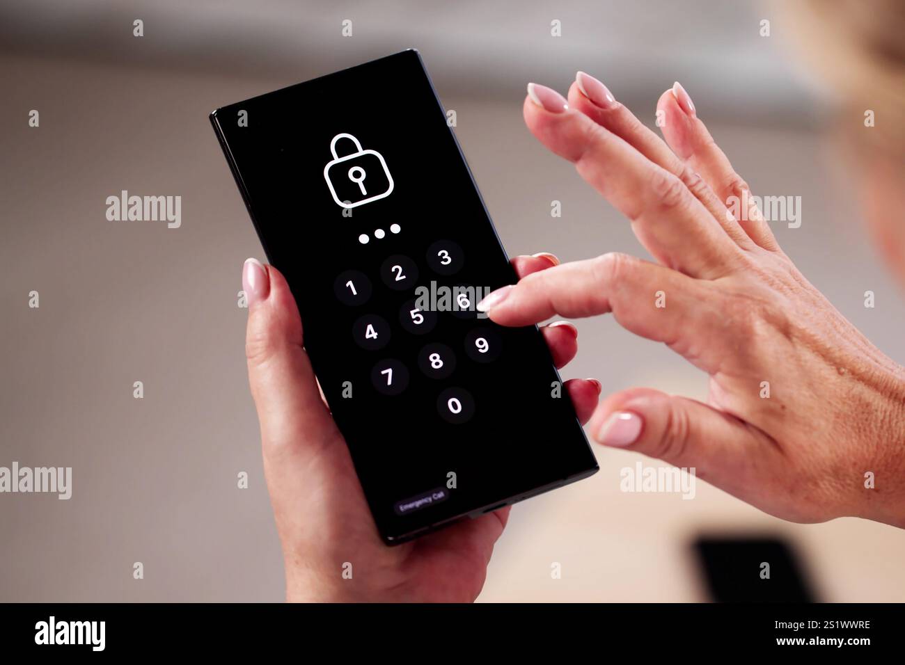 Mobile Phone Security Lock. Woman Using Virtual Stock Photo