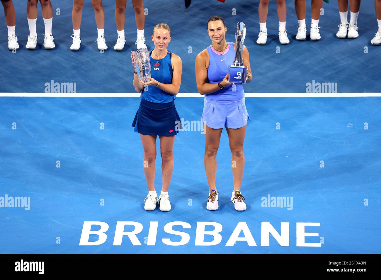Russia's Polina Kudermetova, left, and Belarus' Aryna Sabalenka pose
