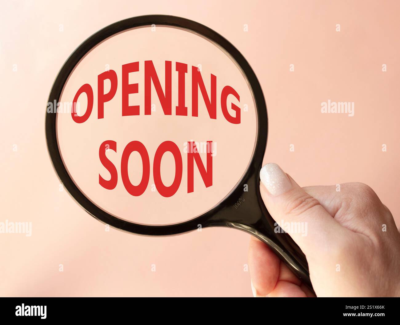 Soon Hand Sign Opening soon symbol. Magnifying Glass with Concept word Opening soon ...